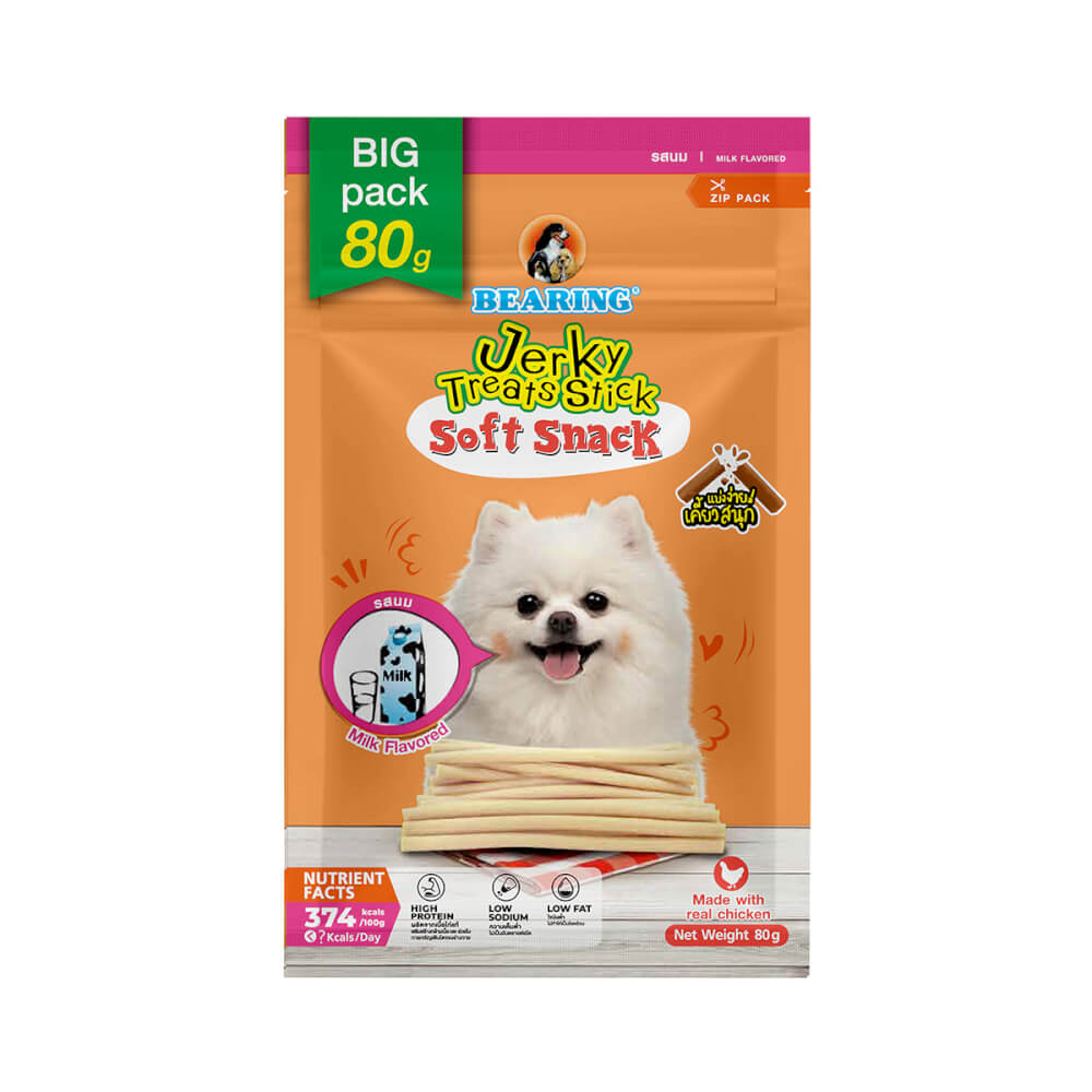 ขนมสุนัข BEARING เนื้อไก่อัดแท่ง สูตร JERKY TREATS SOFT SNACK รสนม ขนาด 80G_1